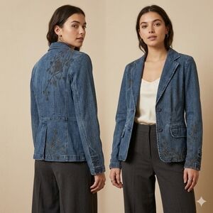 Point Zero Nicole Benisti Beaded Denim Blazer Y2K Floral Embroidered Size S
